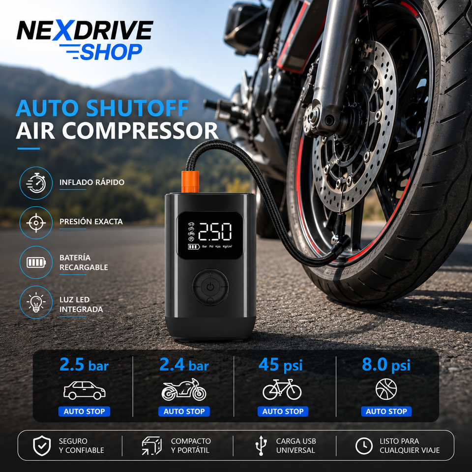 Inflador Portátil Inteligente para Auto – Compresor Digital Recargable