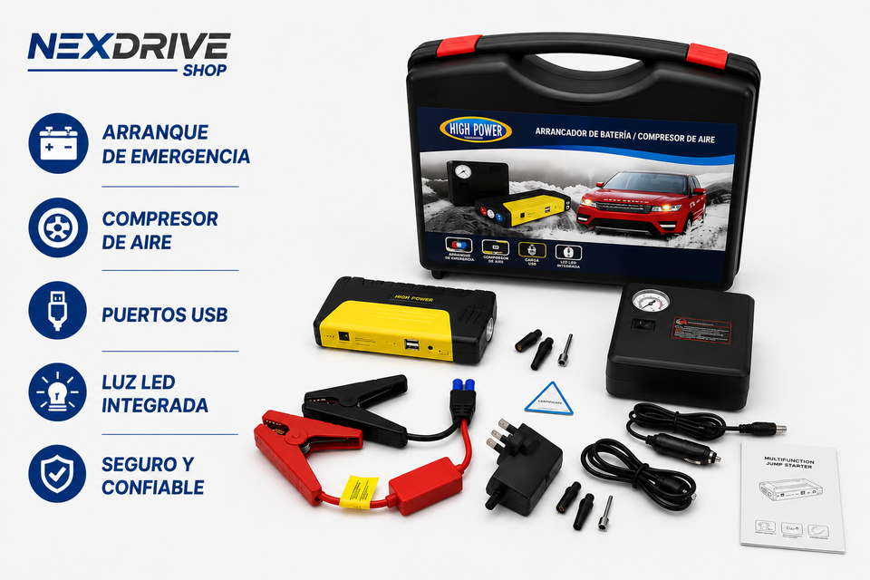 Kit de Emergencia para Auto – Arrancador de Batería + Compresor de Aire Portátil