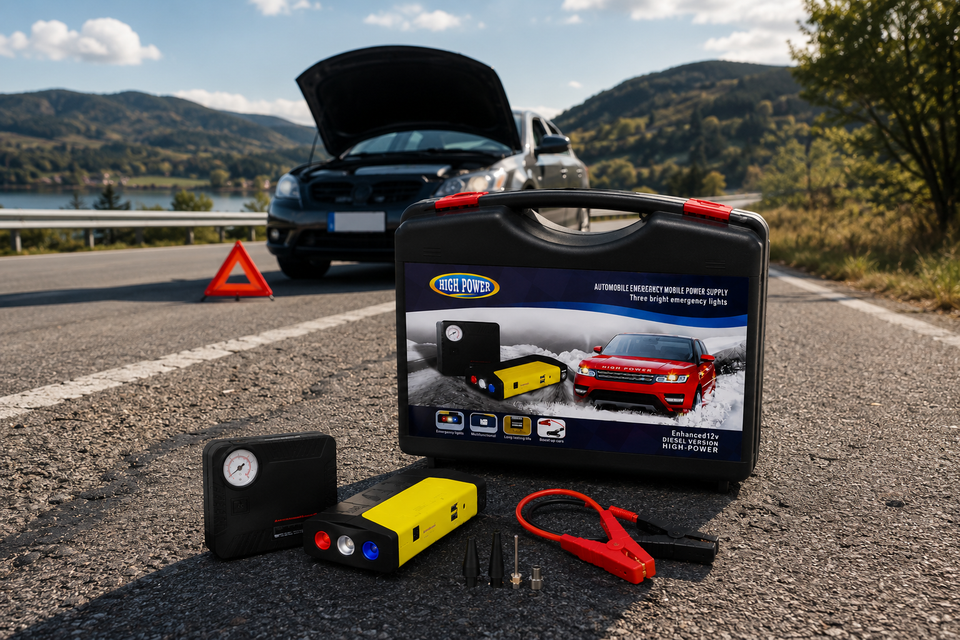 Kit de Emergencia para Auto – Arrancador de Batería + Compresor de Aire Portátil
